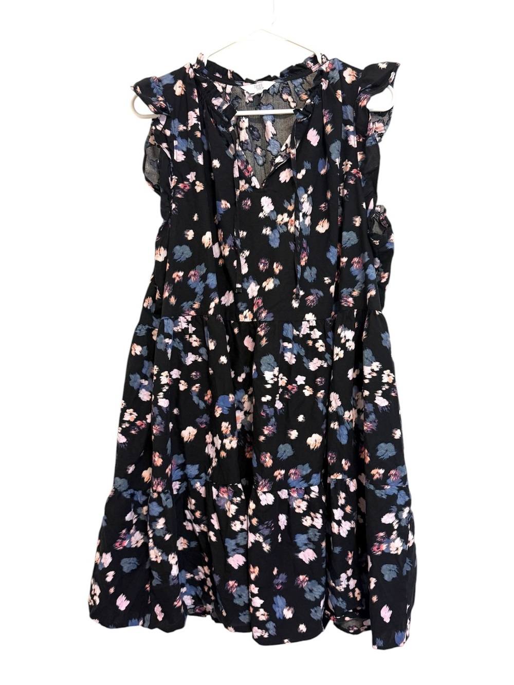 2/$30 Time and Tru Floral Tiered Mini Dress XXL 20 Black Pink Blue Pocket Dress